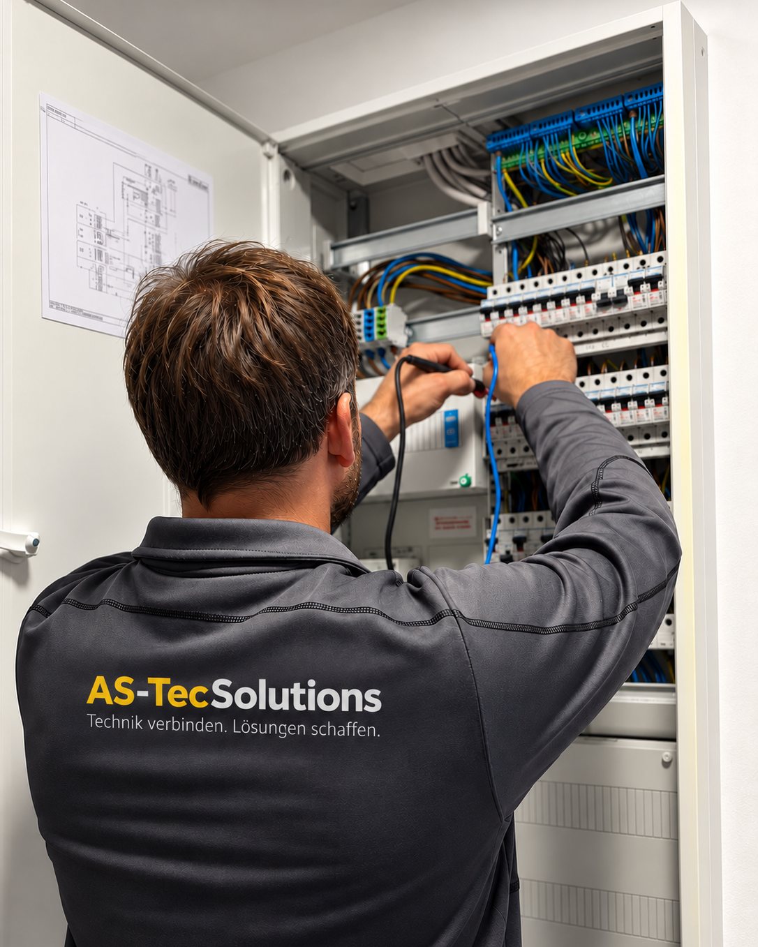 Elektriker mit AS-TecSolutions-Logo auf der Arbeitsjacke prüft einen geöffneten Verteilerschrank